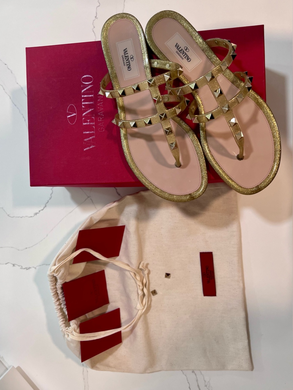 Valentino Garavani Gold PVC Thong Sandals 38